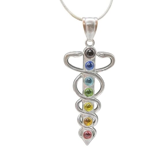 Chakra Healing Caduceus Pendant Necklace Faux Gemstones 35" Chain Silver Tone - Picture 14 of 16